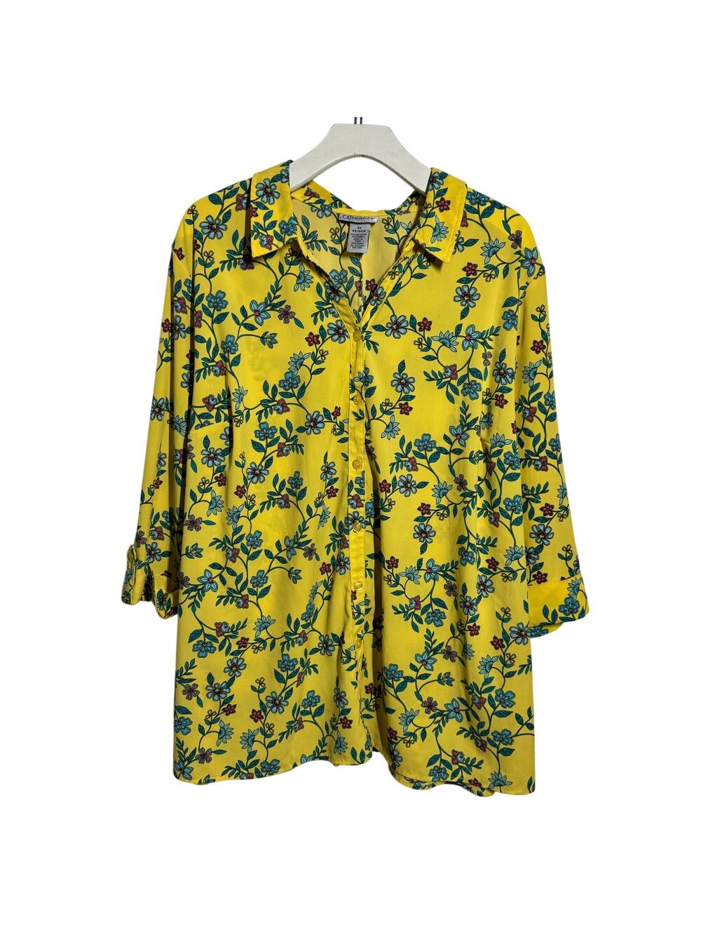 Catherines Plus Size Floral‎ Blouse Top Women 2X Yellow Button Up Spring Office
